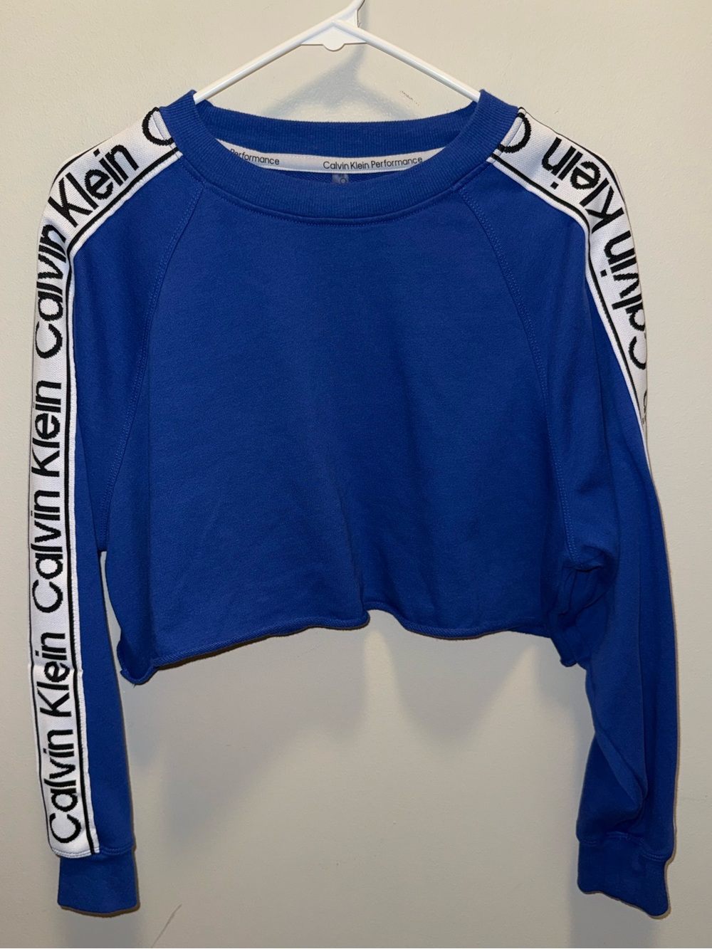 Calvin Klein Blue Cropped Crew Sweatshirt with White Logo Tape